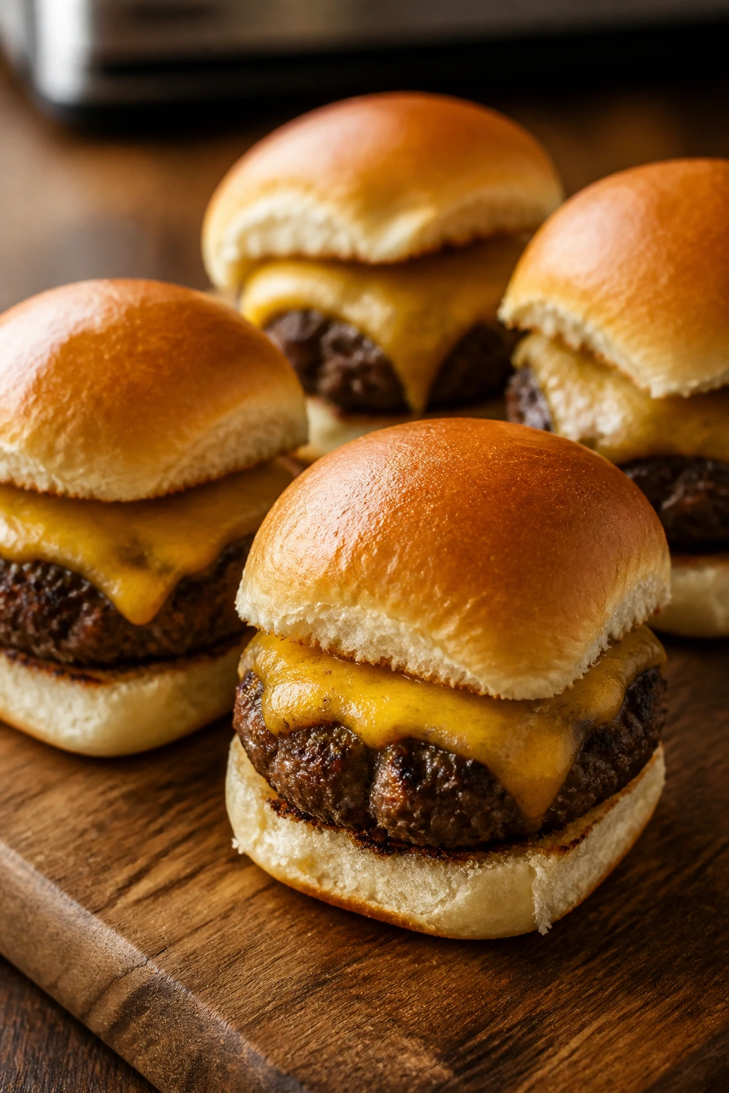 Close-up of beef cheeseburger sliders with melted cheese on buns