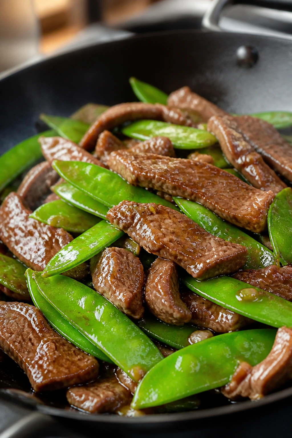 Close-up of beef and snow peas in glossy sauce