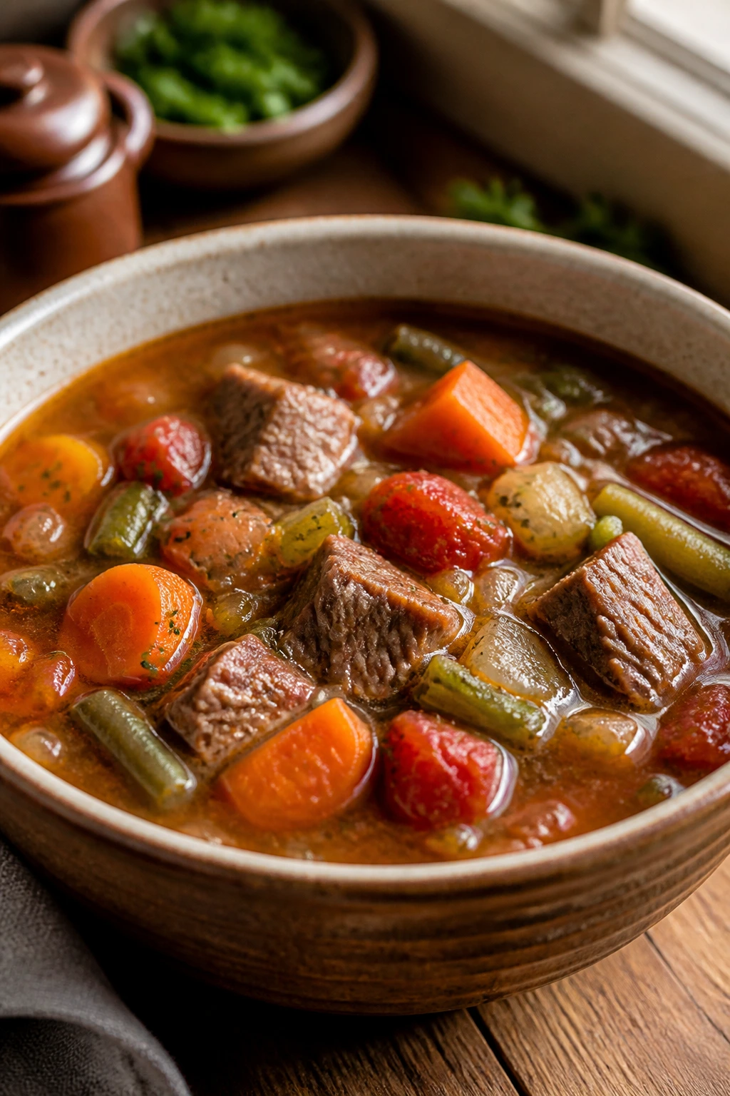 Close-up of beef soup with chunky vegetables in a rustic bowl