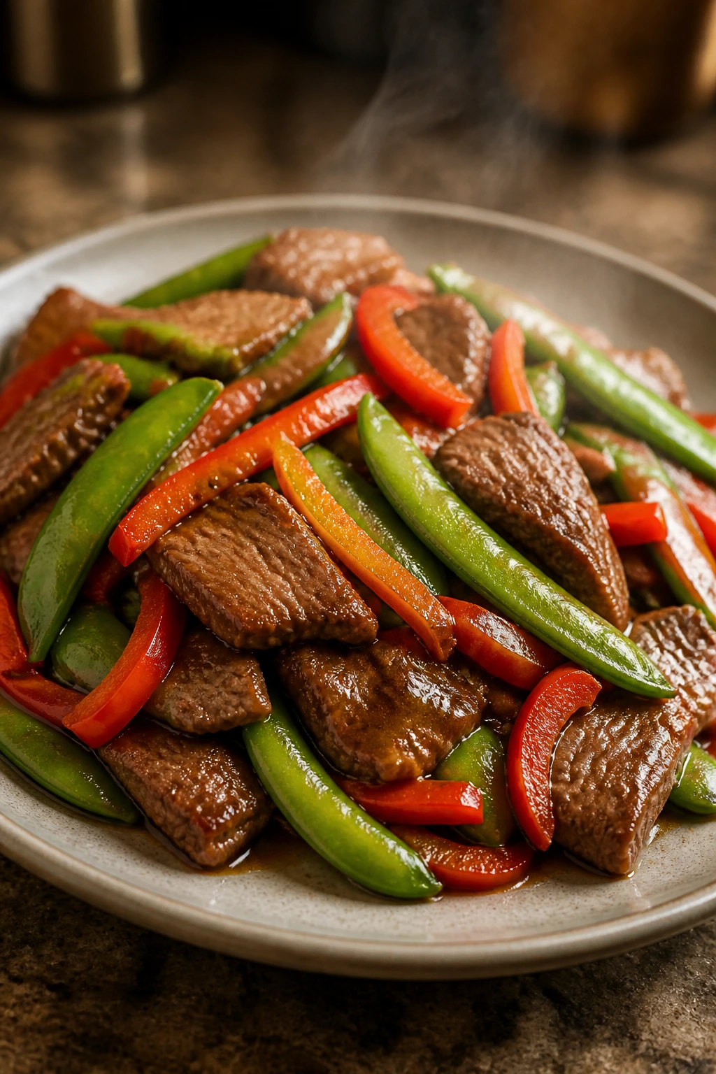 Plate of beef with snap peas and red pepper in glossy sauce