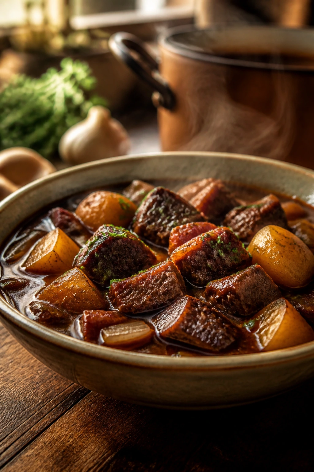 Close-up of a steaming bowl of smoky beef stew with beef, potatoes, and onions in dark broth on a wooden table
