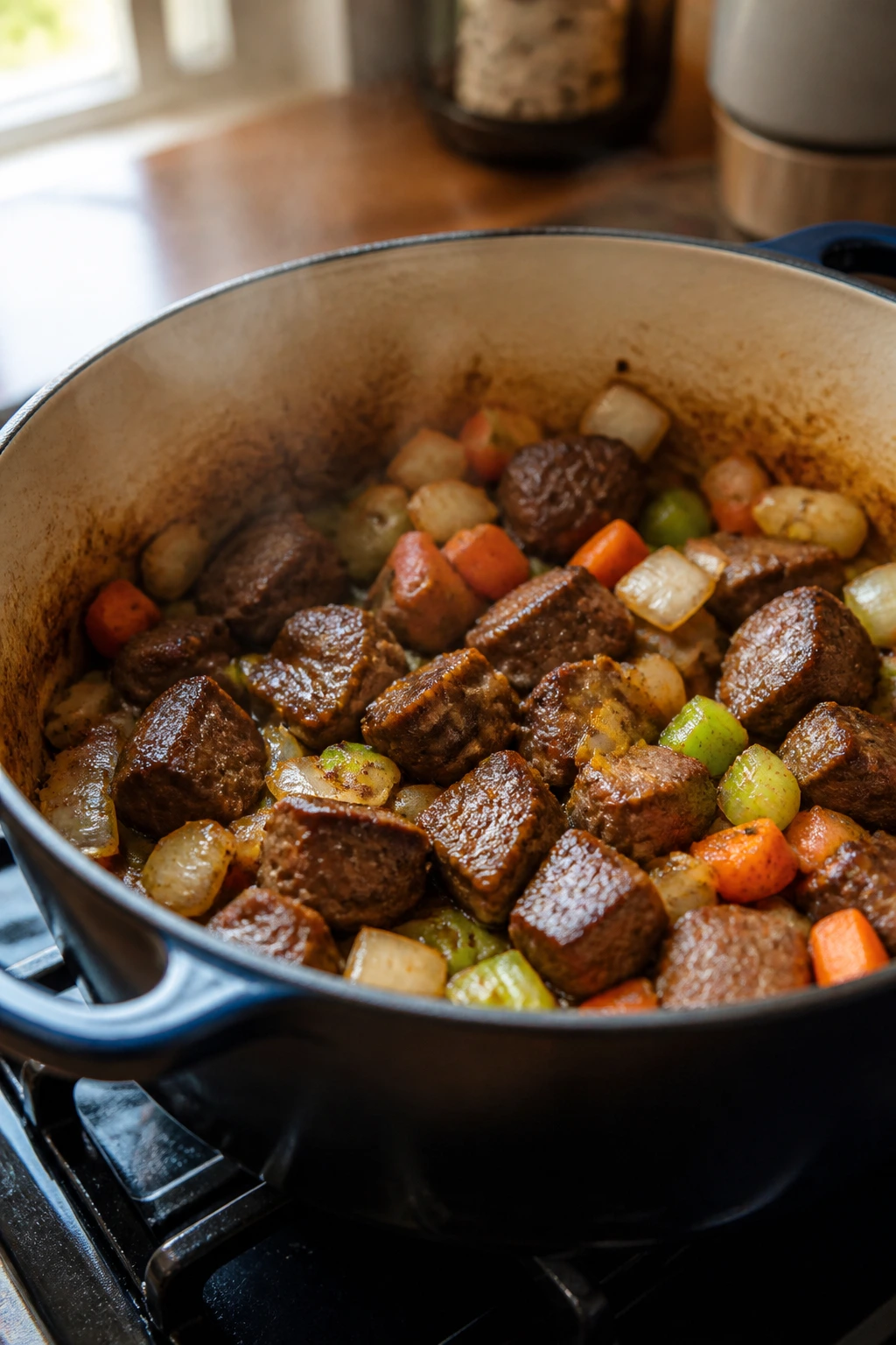 Close-up of browned beef in a Dutch oven with aromatics, warm kitchen