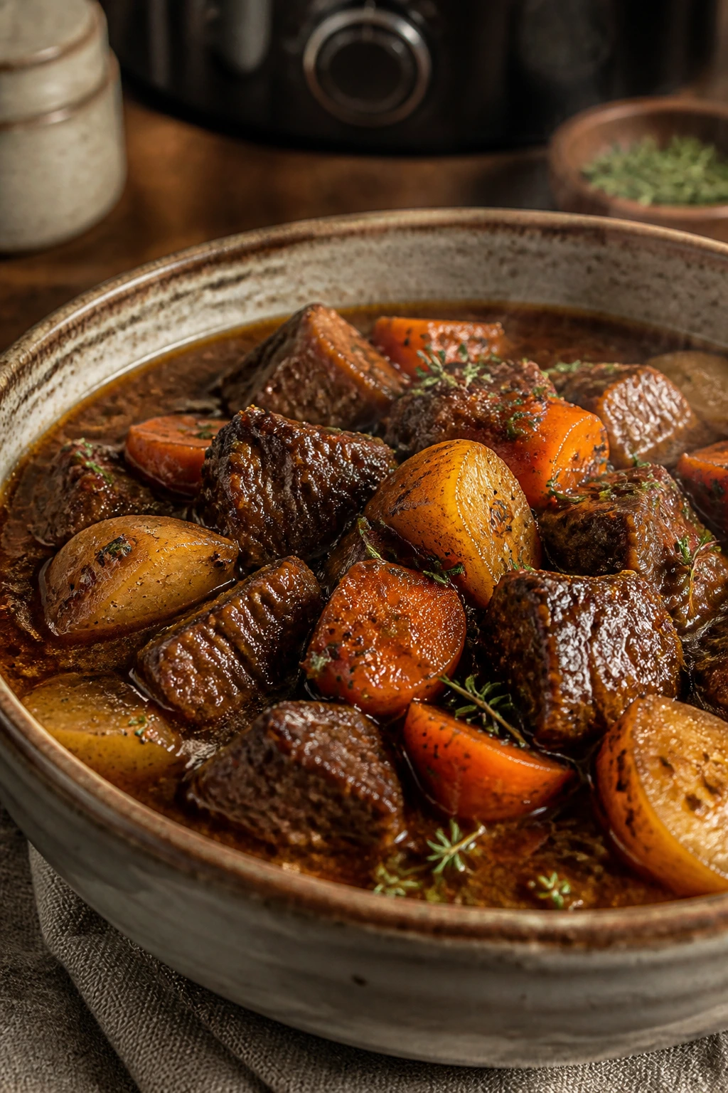 Close-up of deep, glossy beef stew with browned edges and chunky vegetables in a rustic bowl