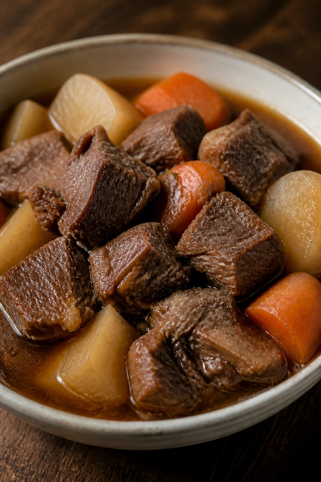 Close-up of Cantonese Beef Stew with beef, daikon, and carrots