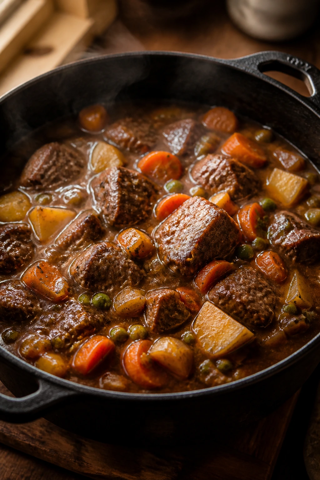 Close-up of beef stew in a cast-iron pot with carrots, potatoes, and peas in glossy gravy, steaming in a warm kitchen