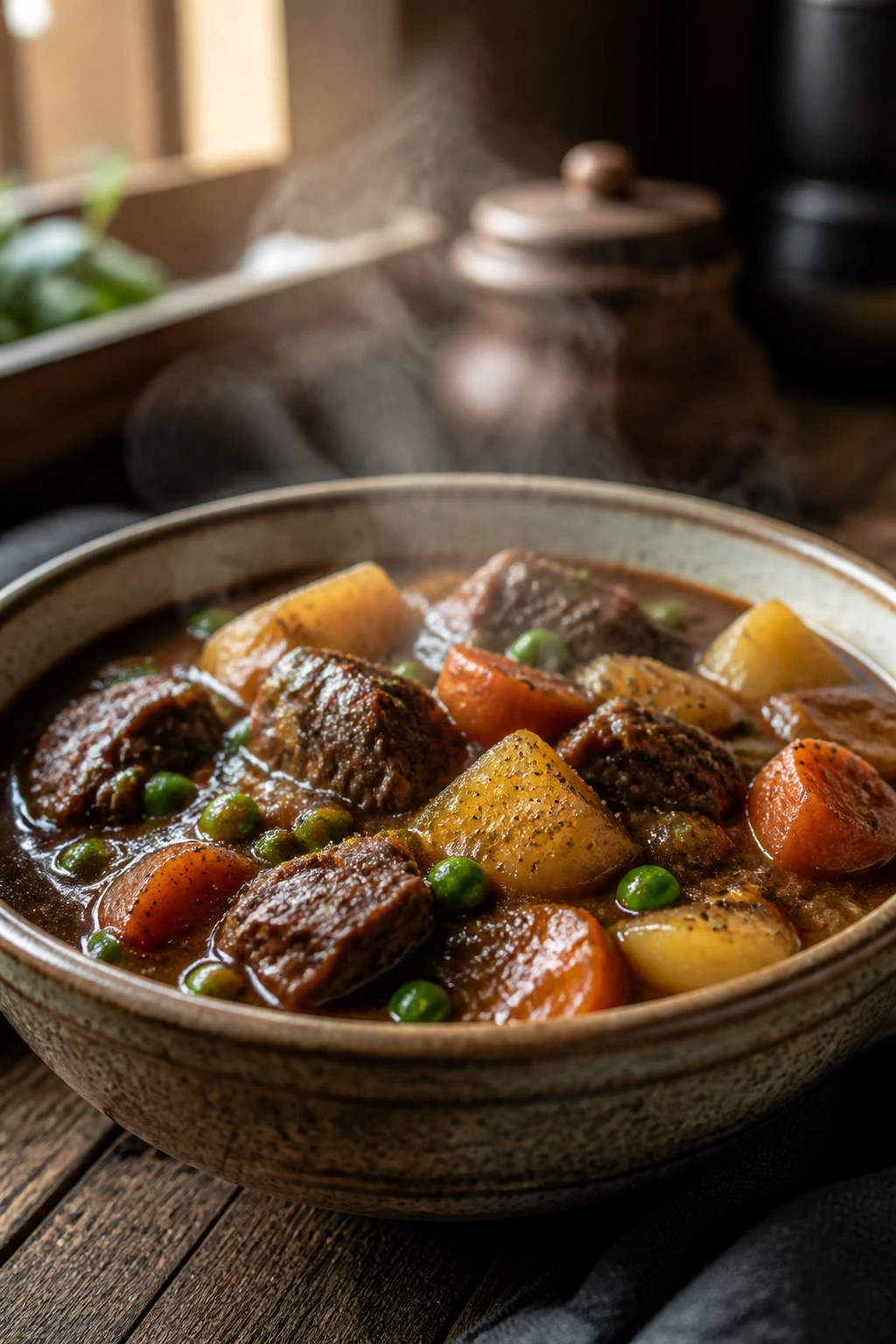 Hearty beef stew with chuck, potatoes and carrots in thick broth