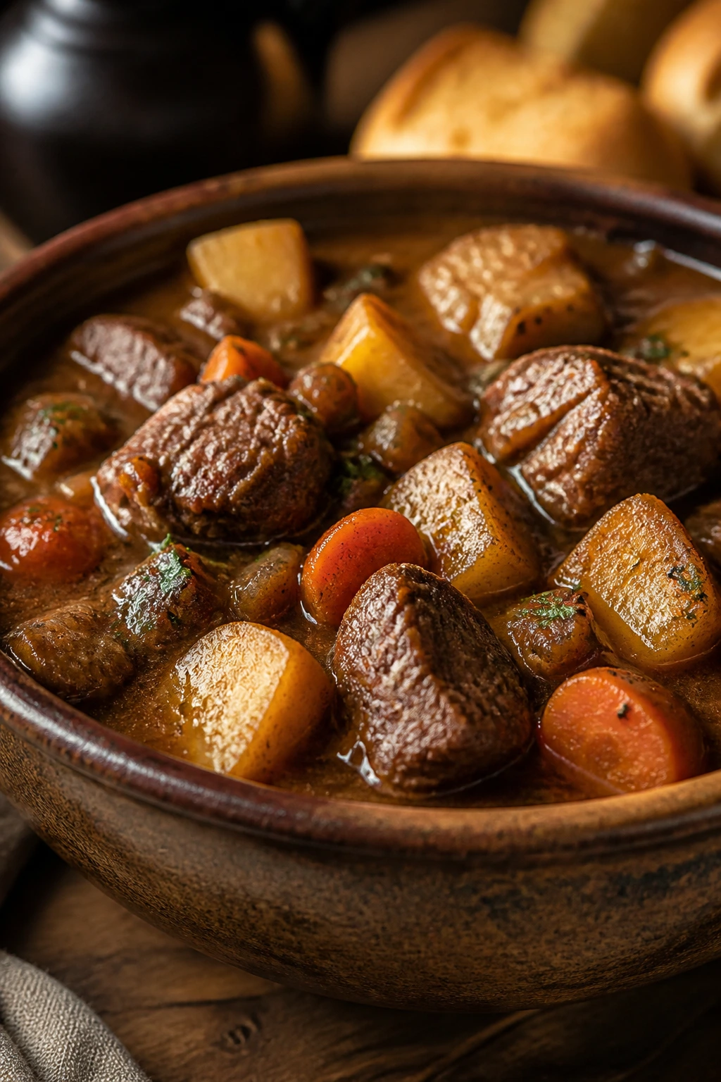 Close-up of beef stew in a rustic bowl with beef, potatoes, and carrots in rich broth