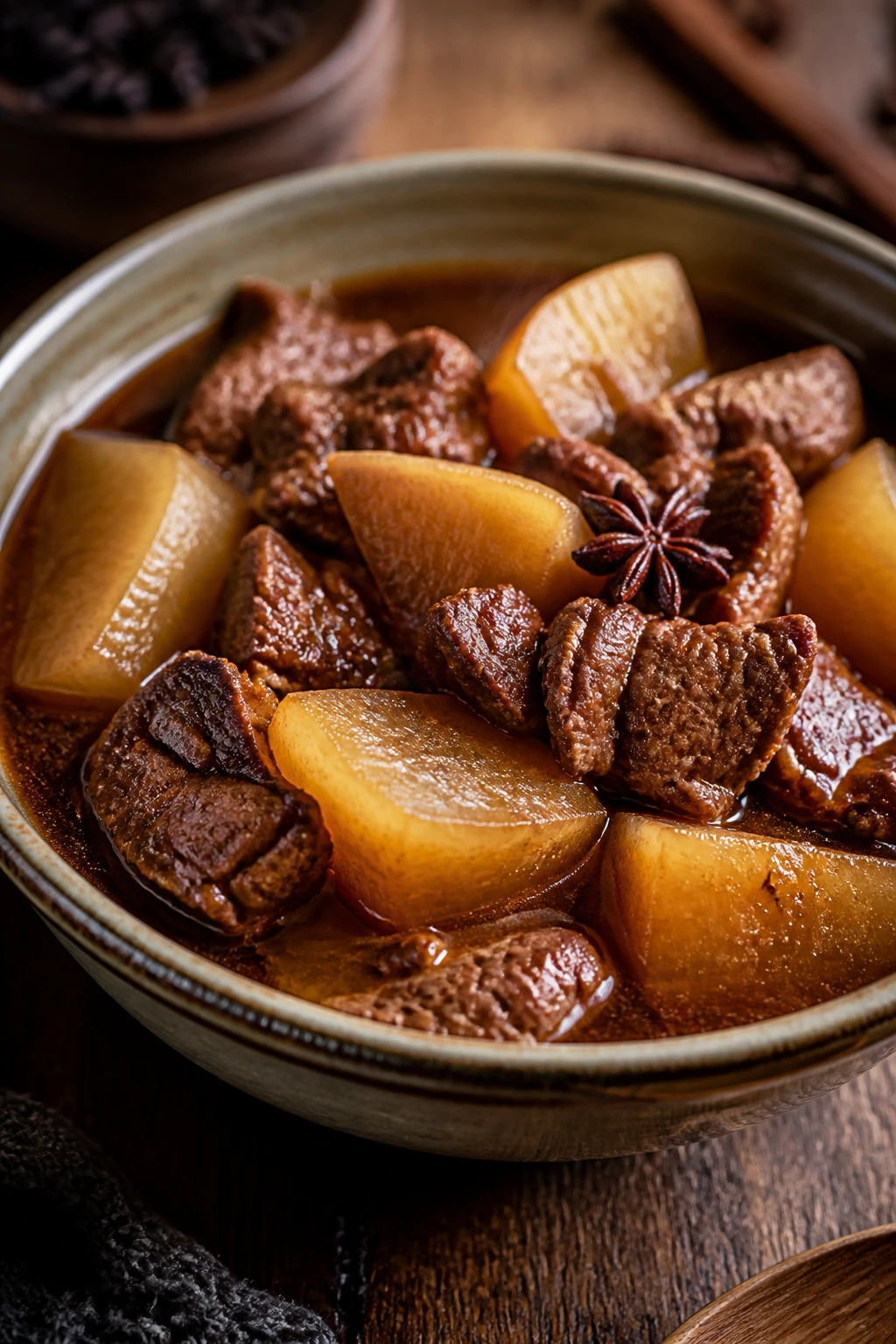 Close-up of beef stew with daikon in a glossy broth