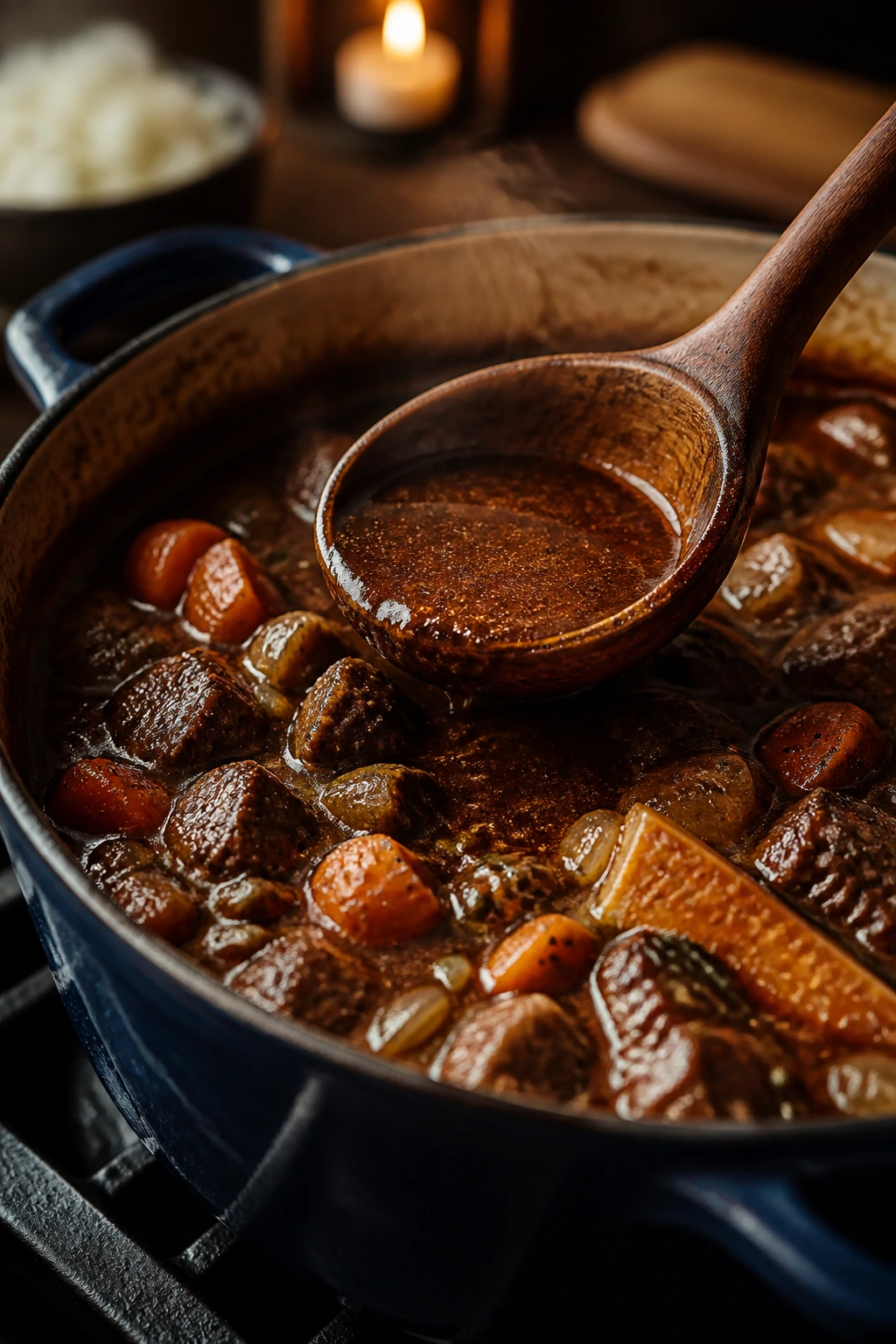 Beef stew with ladle and Parmesan rind in a warm kitchen