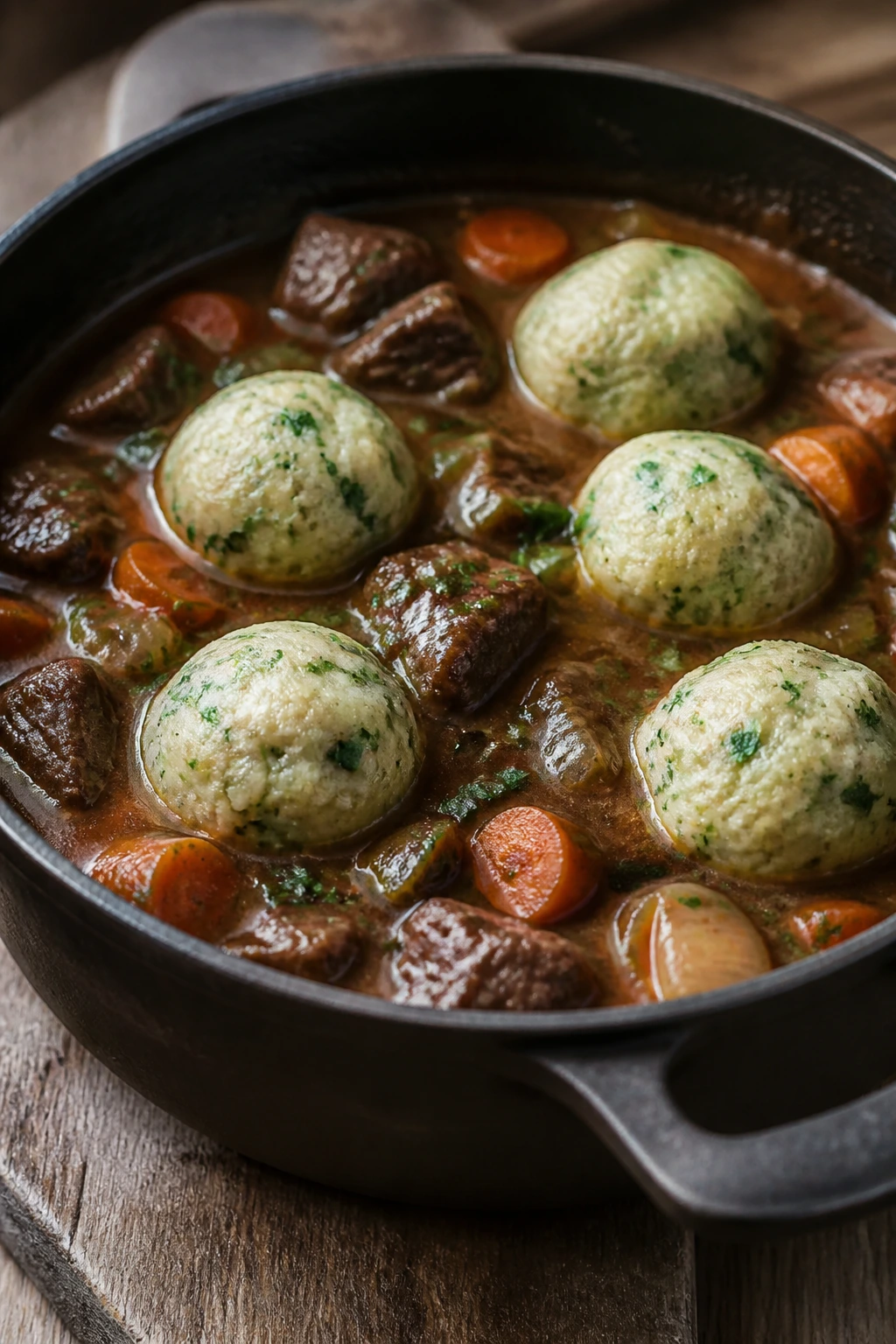 Beef stew with parsley dumplings in a heavy pot