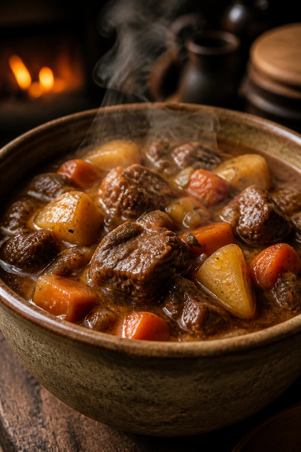 Glossy beef stew with potatoes and carrots in a rustic bowl