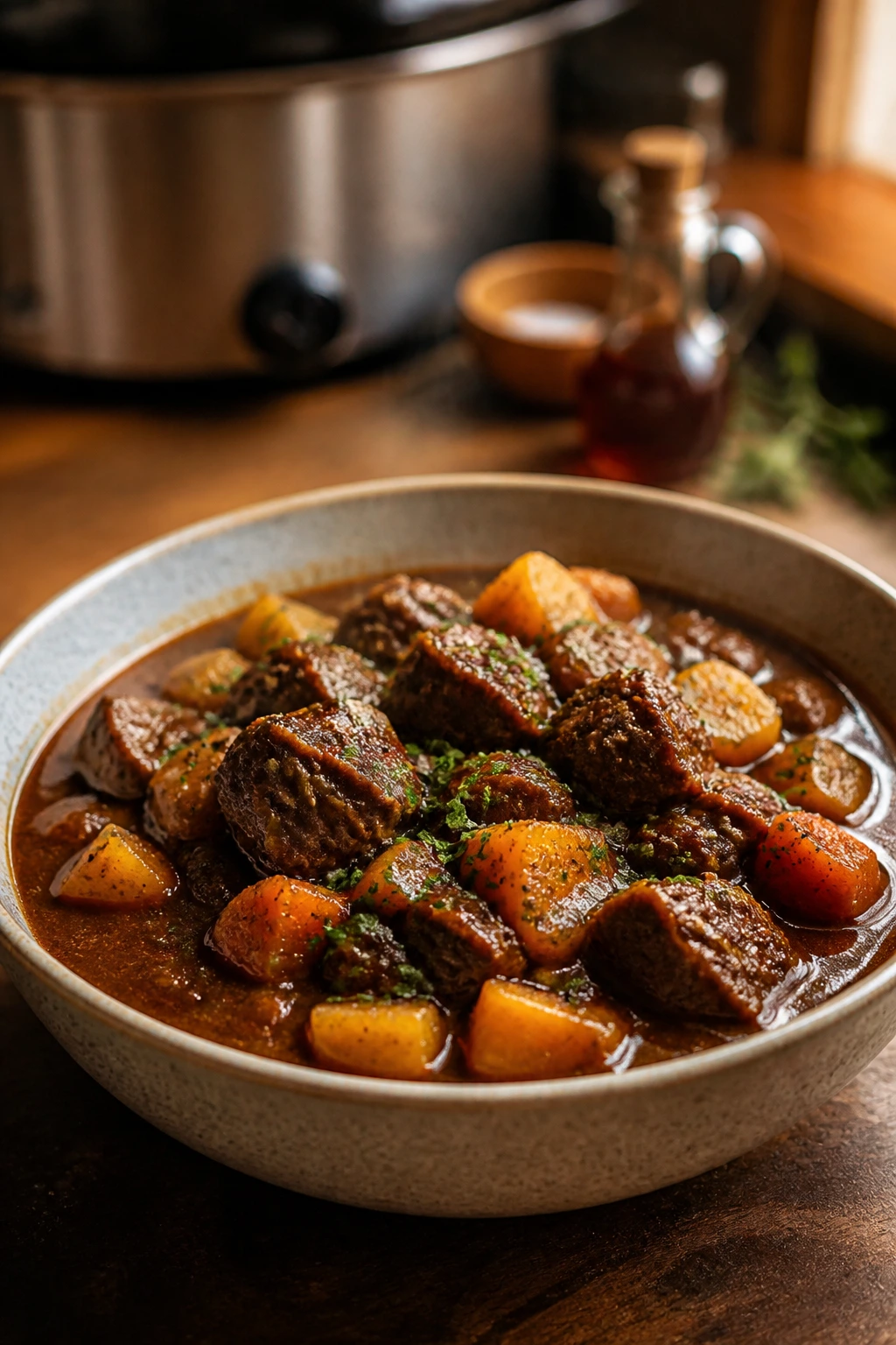 Beef stew bowl with glossy broth and chunky meat on a rustic counter