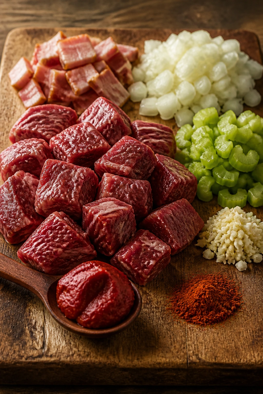 Raw beef cubes, bacon, onions, celery, garlic, tomato paste and smoked paprika on a wooden board.