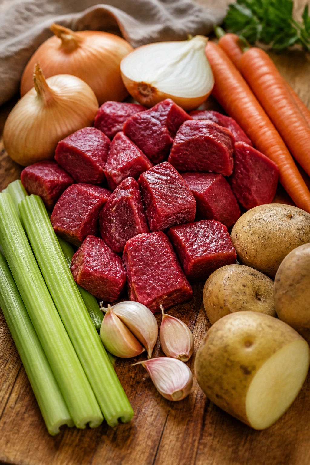 Ingredients for beef stew arranged on a wooden board