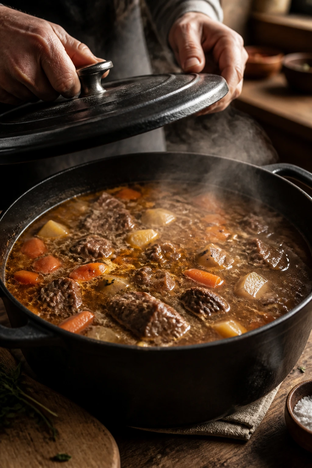 Close-up of hands about to seal a simmering beef stew pot in a cozy kitchen