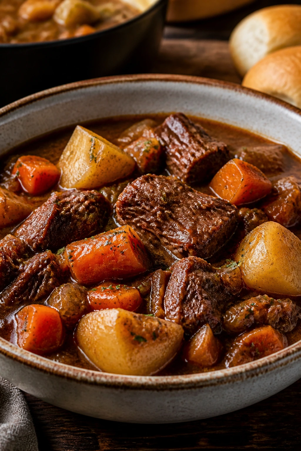 Bowl of classic beef stew with meat, potatoes and carrots