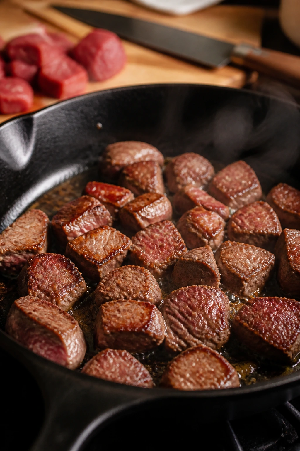 Beef stew meat cubes browning in a cast-iron skillet