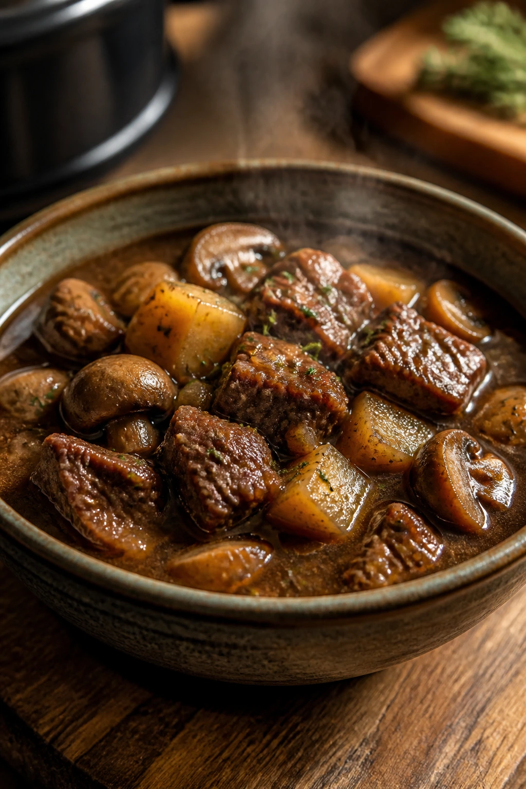 Beef and mushroom stew in a rustic bowl, steaming, rich dark broth