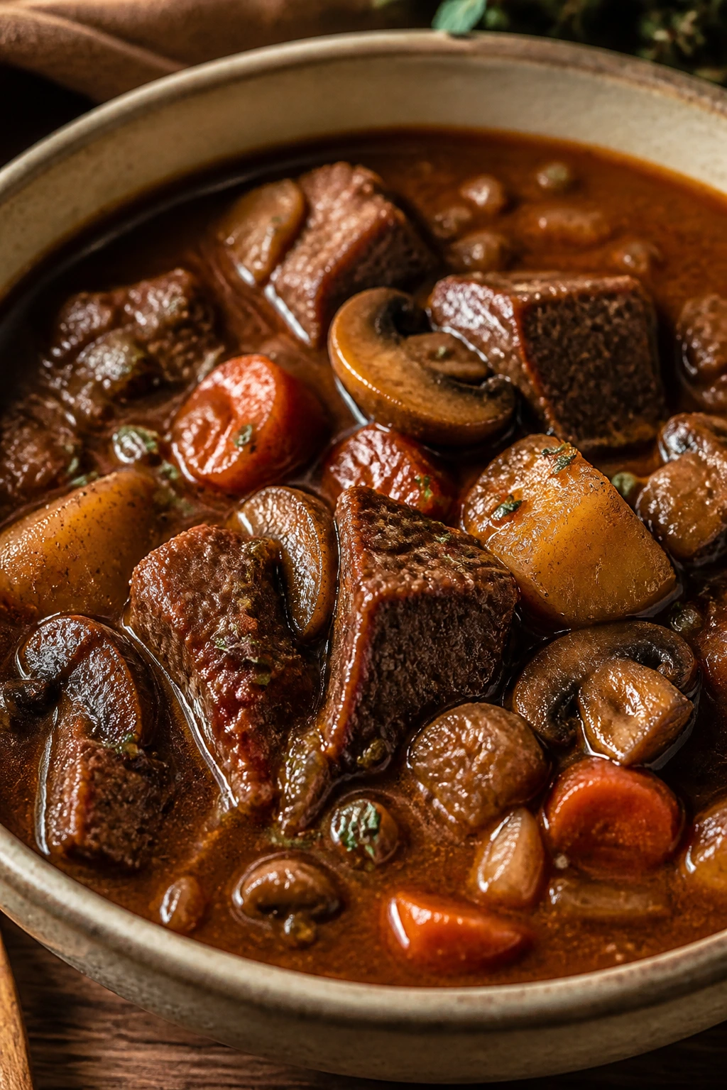 Beef stew with mushrooms and darker broth for deeper flavor