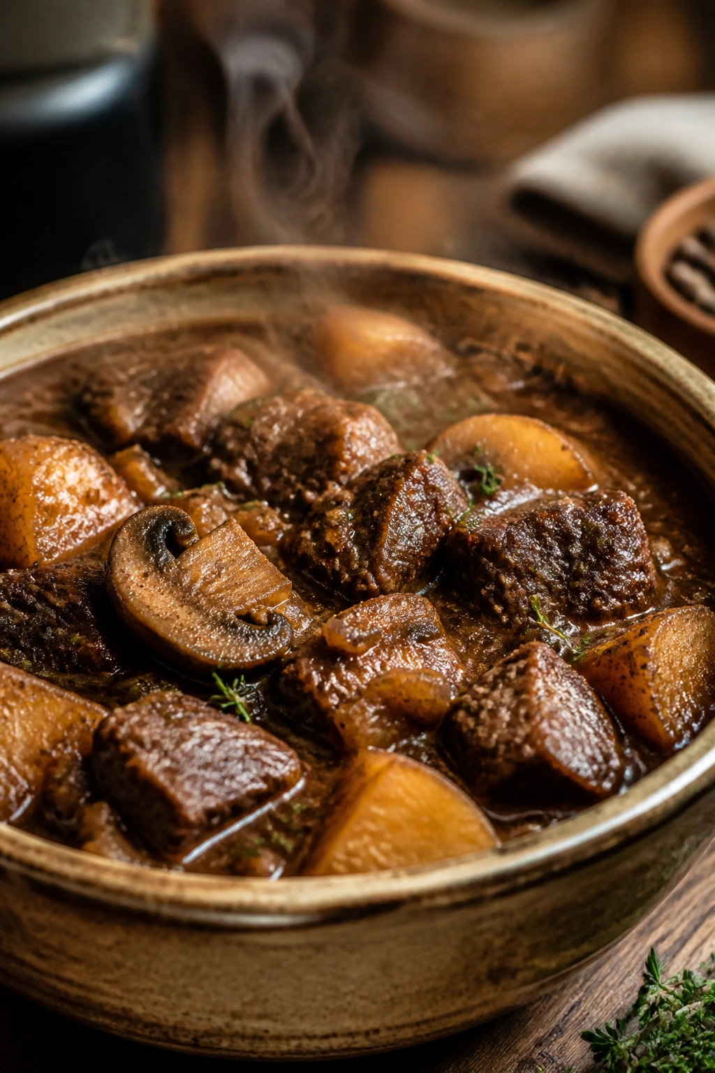 Beef and mushroom stew in a ceramic bowl with steam