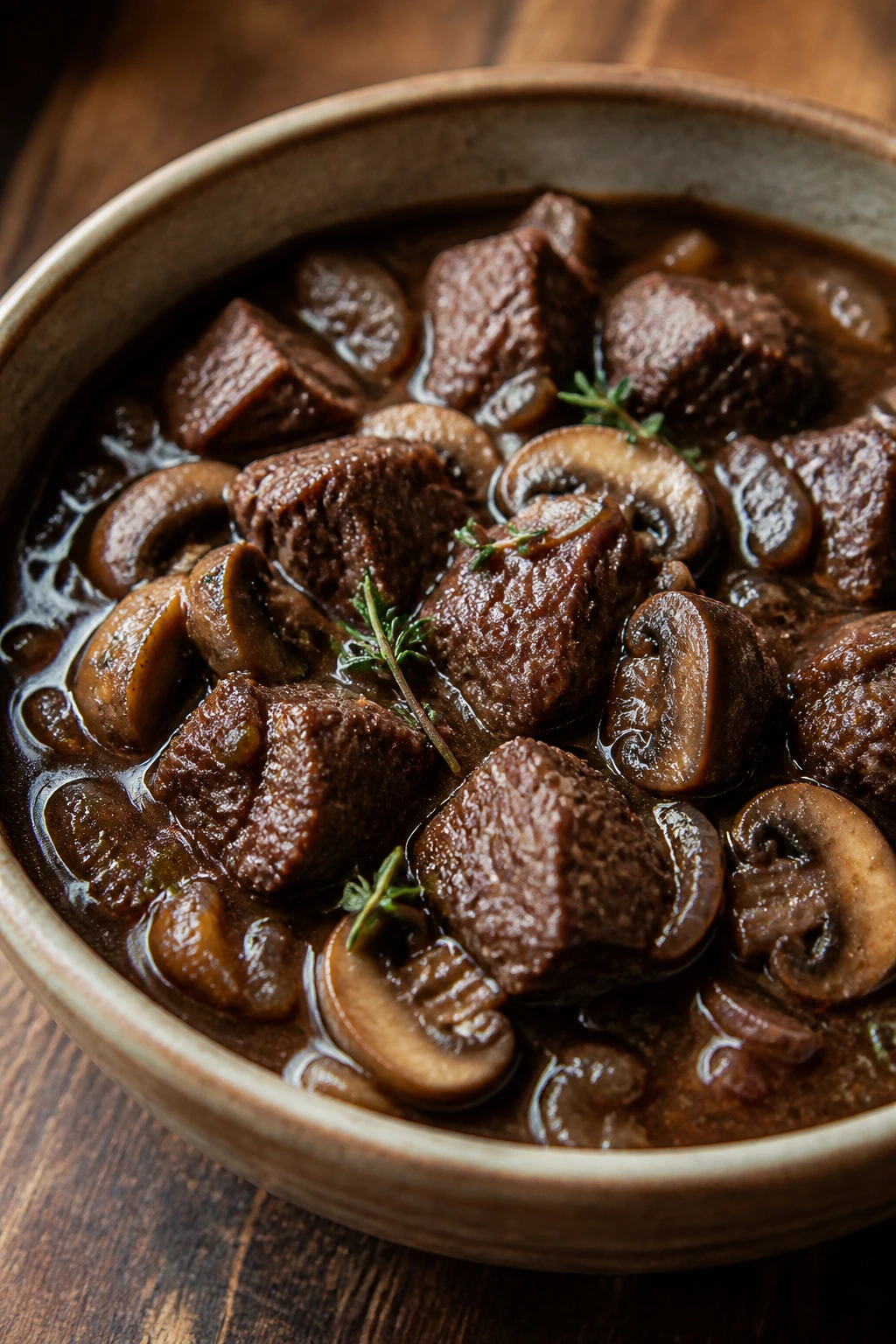 Glossy beef stew with mushrooms and red wine in a rustic bowl