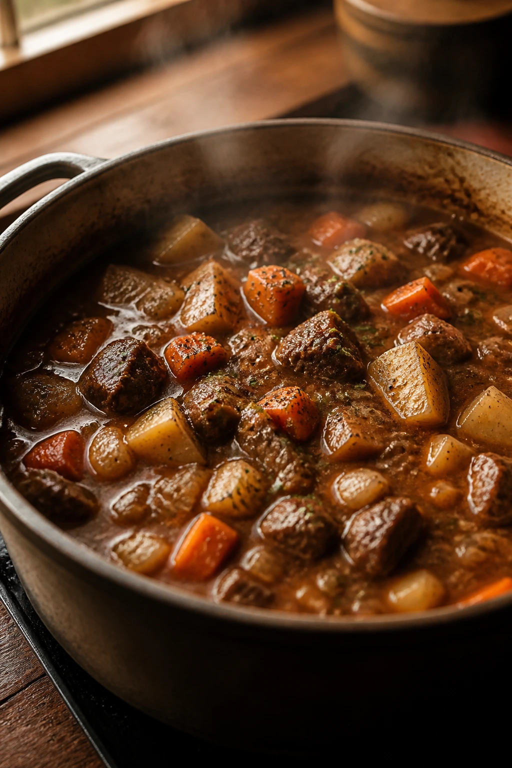 Close-up of a rustic pot of thick beef stew steaming on a stove