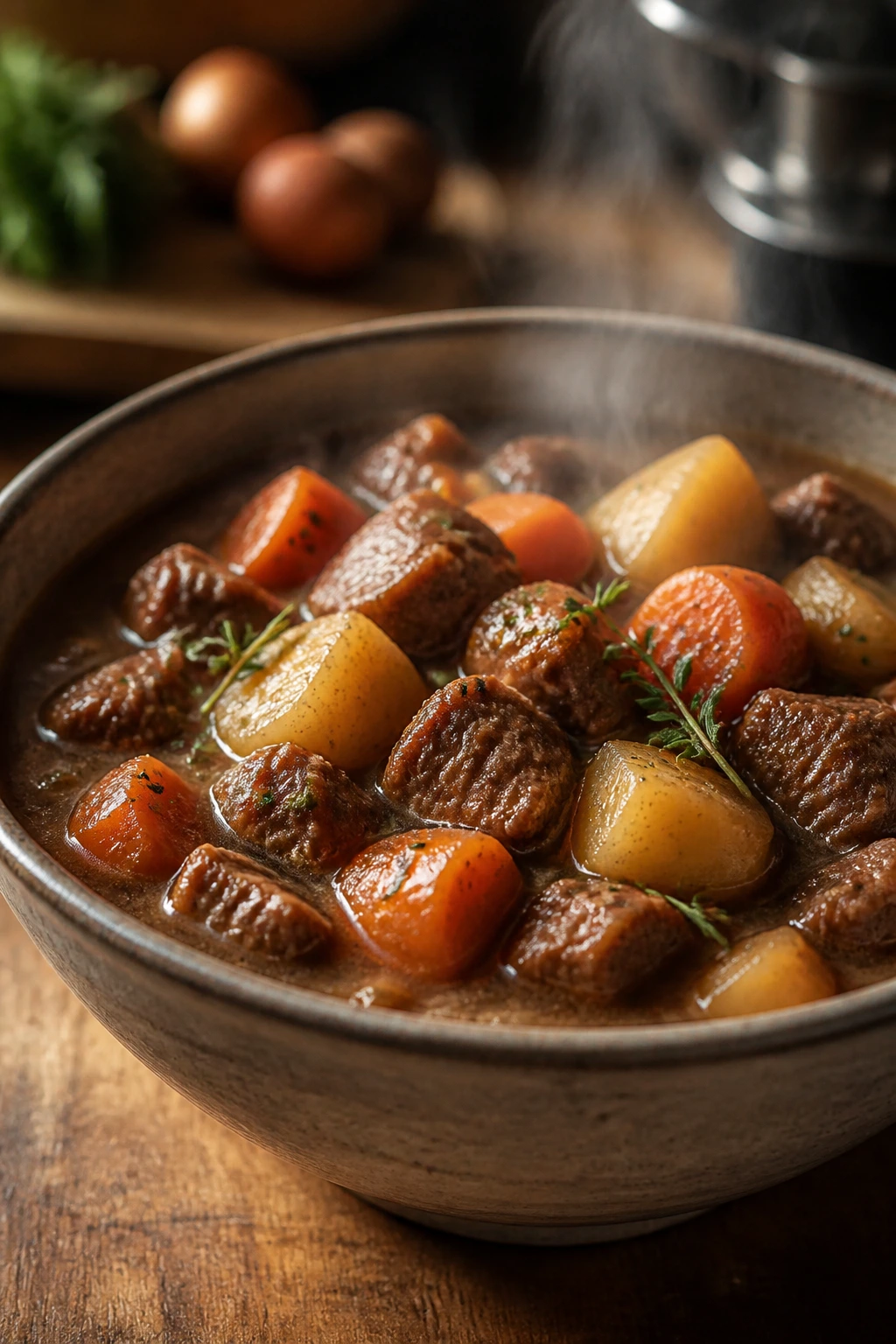 Beef stew with potatoes and carrots in a rustic bowl