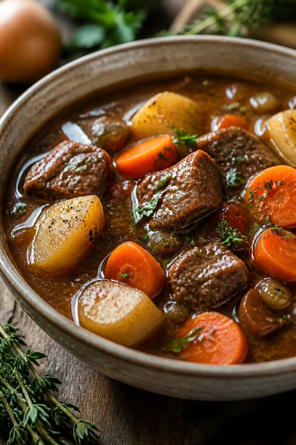 Beef stew with potatoes and carrots in a rustic bowl
