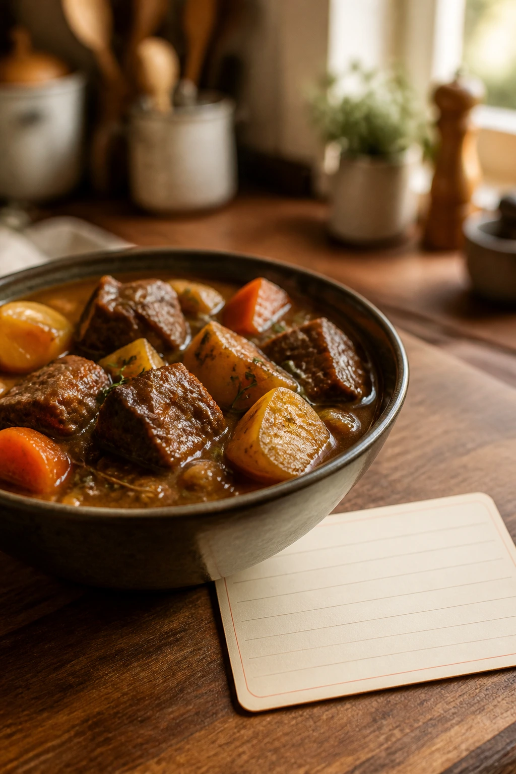 Beef stew in a rustic bowl with a blank recipe card beside it on a wooden counter in a warm kitchen