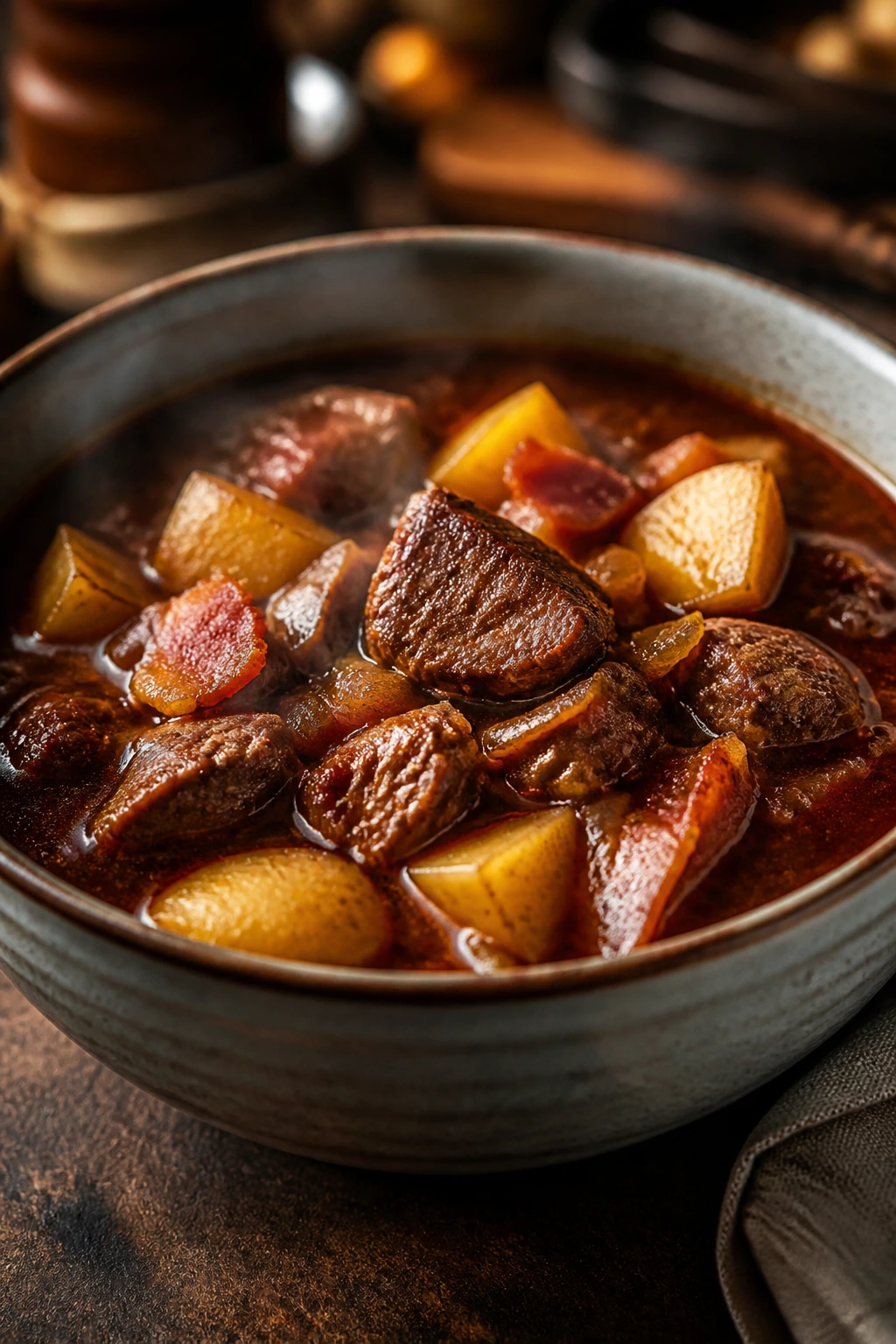 Close-up of a steaming bowl of smoky beef stew with beef chuck, bacon, and potatoes in dark broth