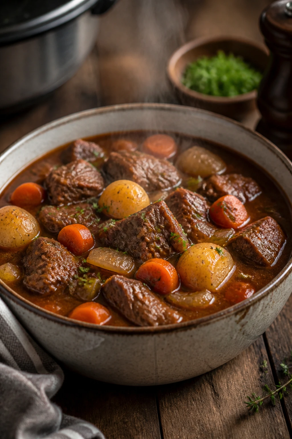 Beef stew in a ceramic bowl on a wooden table