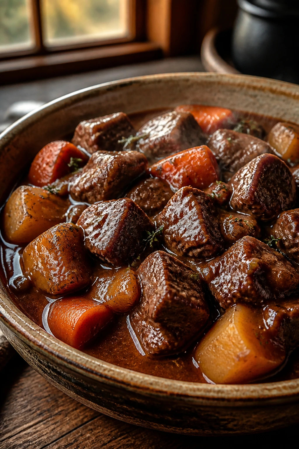 Close-up of beef stew with red wine and vegetables in a rustic bowl