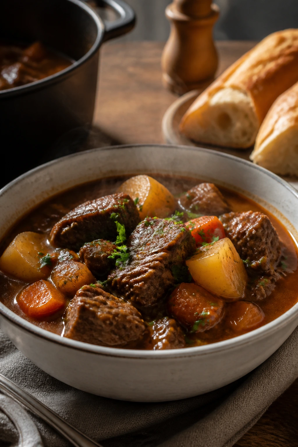 Beef stew served in a deep warm bowl with glossy broth
