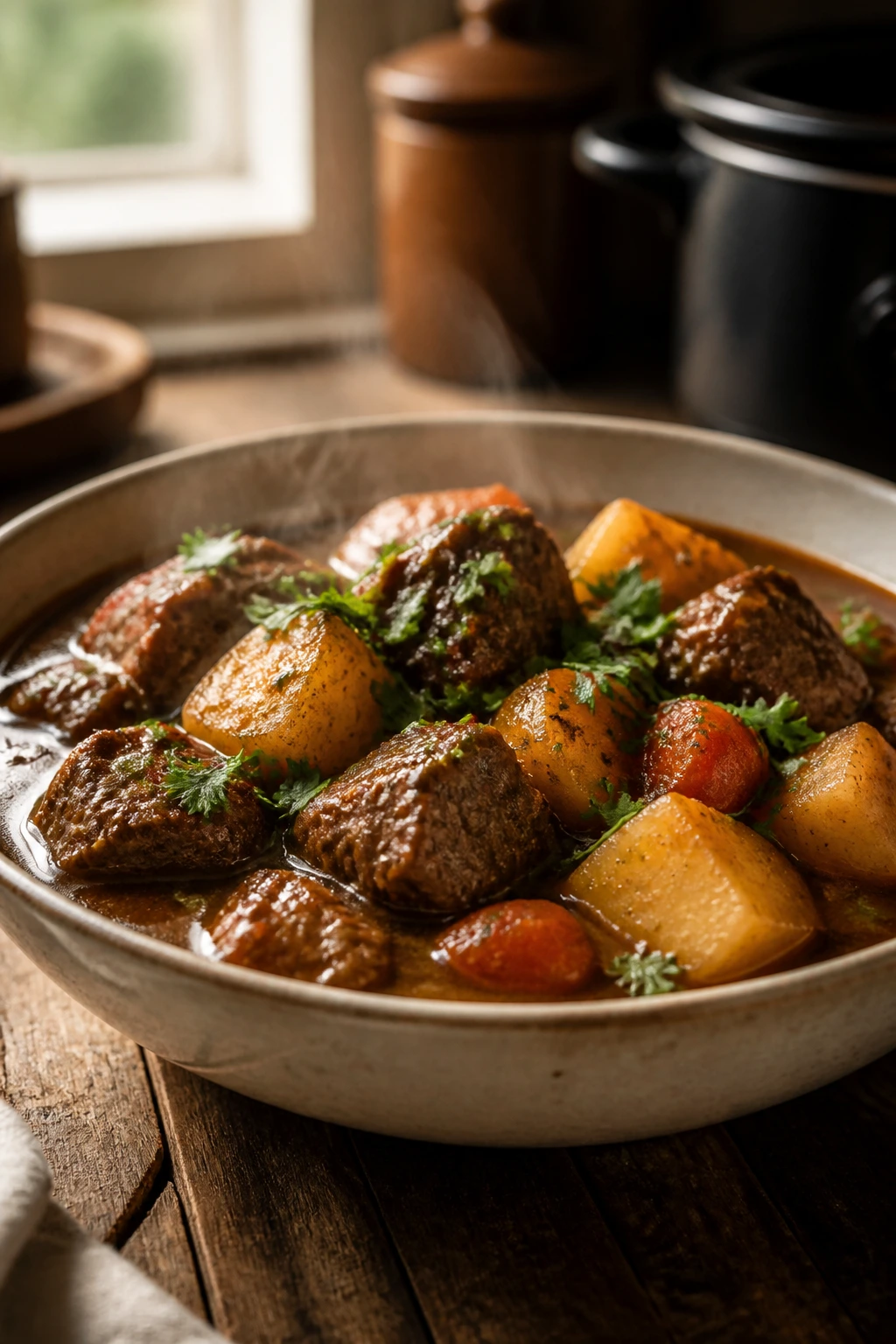 Beef stew in a warm shallow bowl with parsley ready to serve in a cozy kitchen