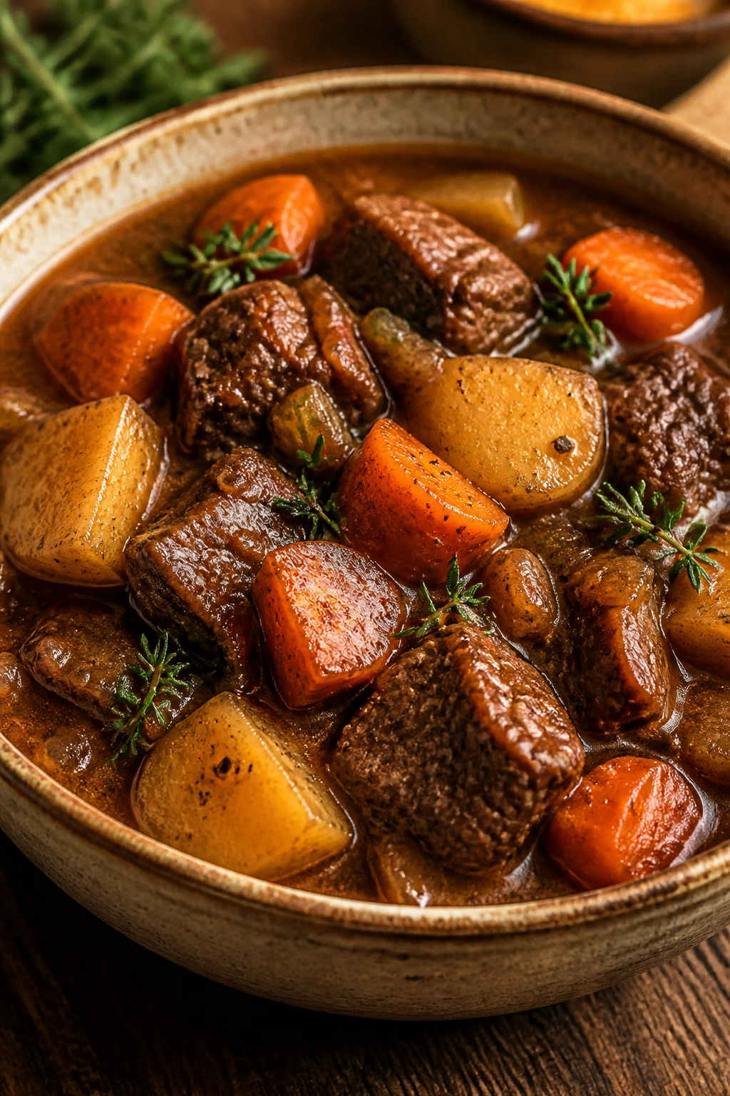 Close-up of Classic Beef Stew with beef, potatoes, and carrots