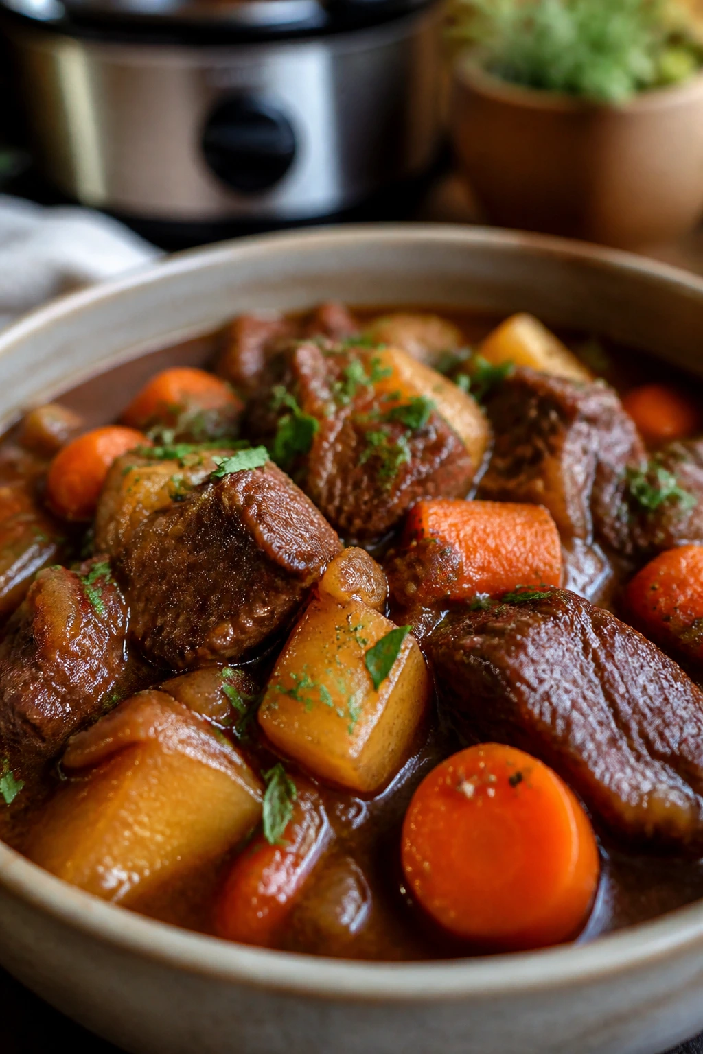 Hearty beef stew with beef chunks potatoes and carrots in bowl