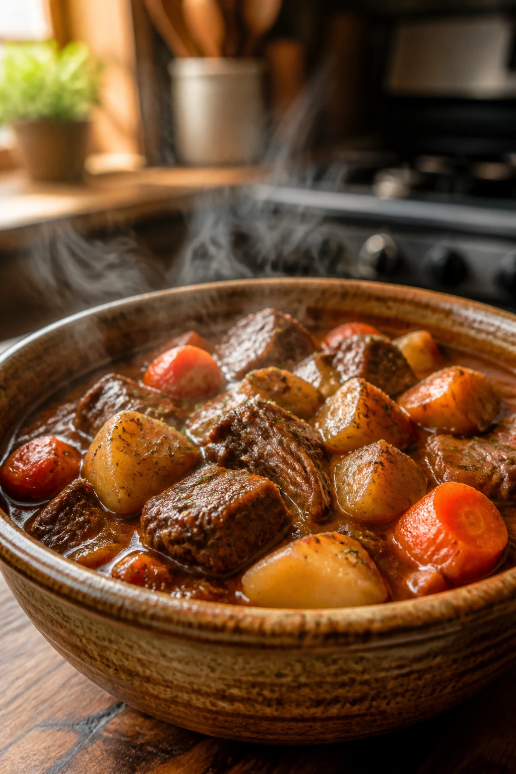 Close-up of beef stew in a rustic ceramic bowl with potatoes and carrots in glossy gravy.