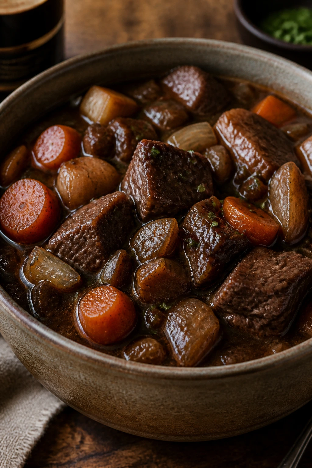 Close-up of Beef and Guinness Stew in a rustic bowl with beef, carrots, onions