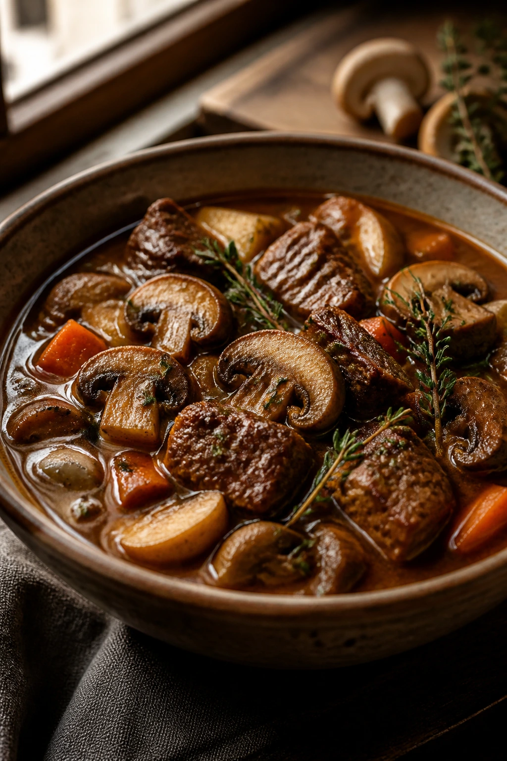 Beef stew with mushrooms and thyme in a rustic bowl