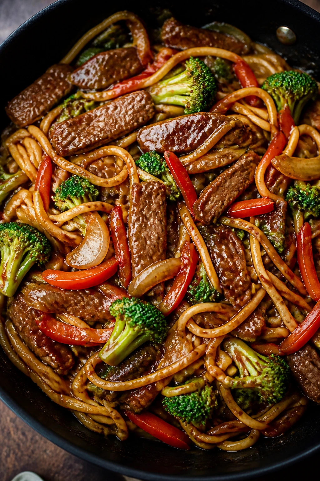 Close-up of beef stir-fry noodles with broccoli and peppers in soy-sesame glaze