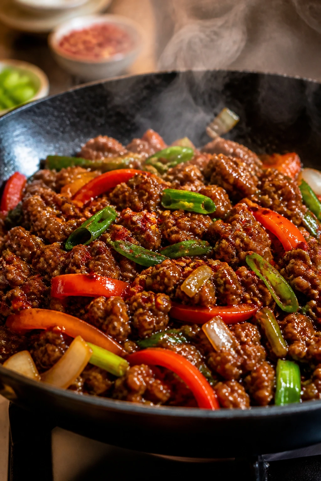 Beef stir-fry with glossy sauce and chili flakes in a pan