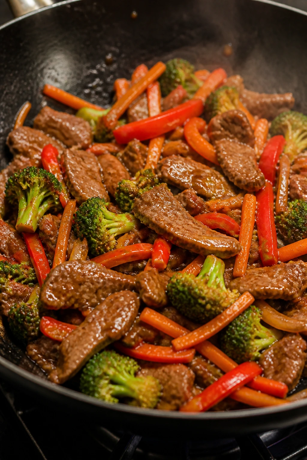 Beef and crisp vegetables stir-fry in a wok with glossy sauce