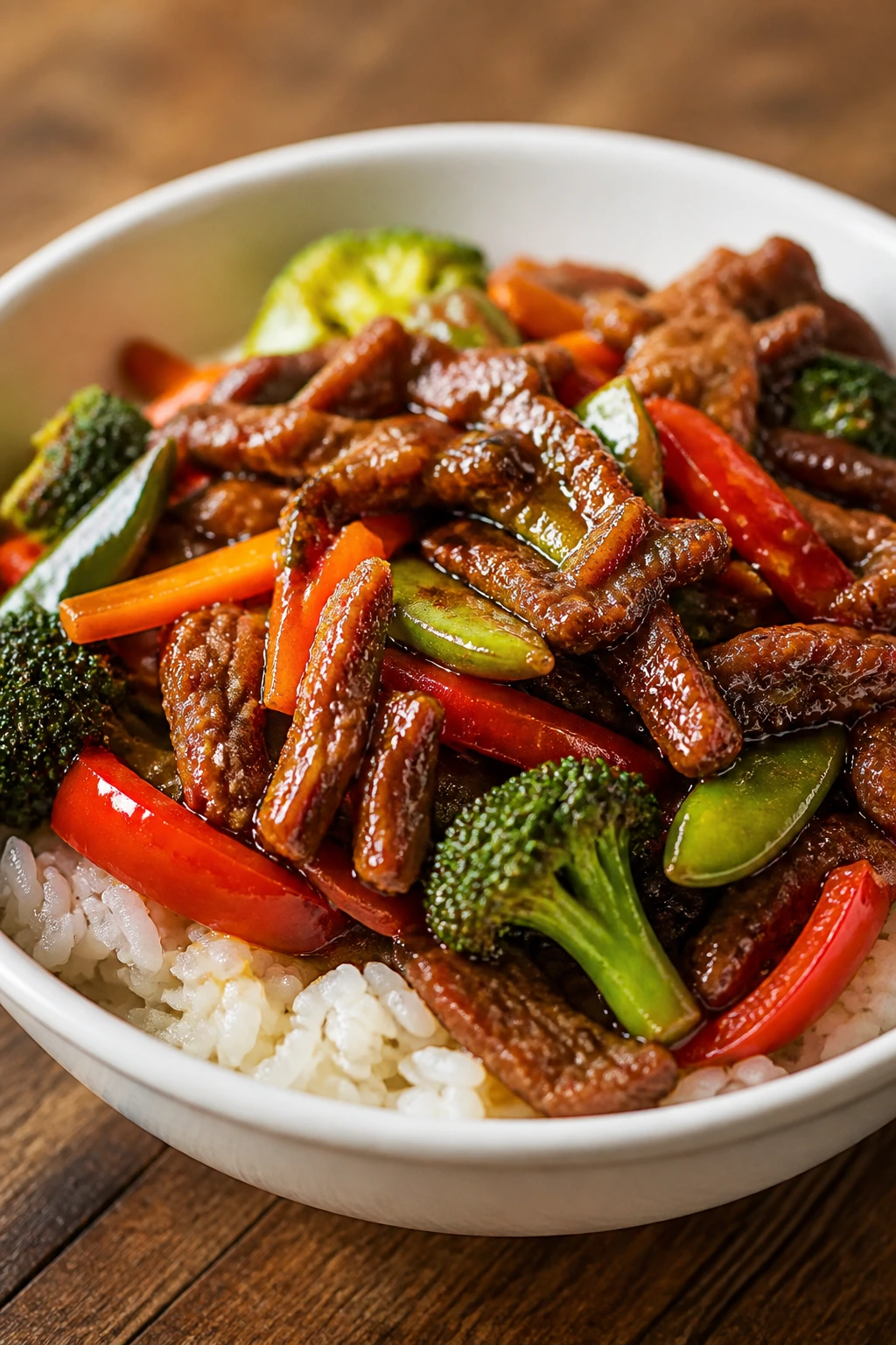 Close-up of Crispy Easy Beef Stir Fry in a white bowl with glossy sauce and colorful vegetables on a wooden table