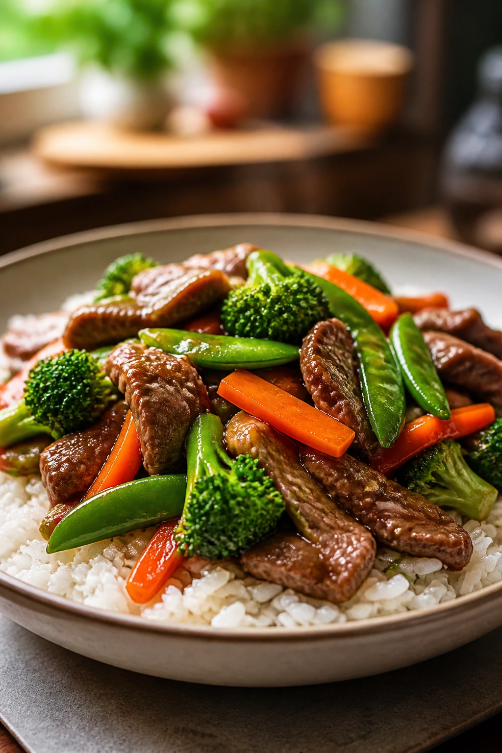 Beef and Veggie Stir-Fry with beef, broccoli, carrots, and snap peas over rice