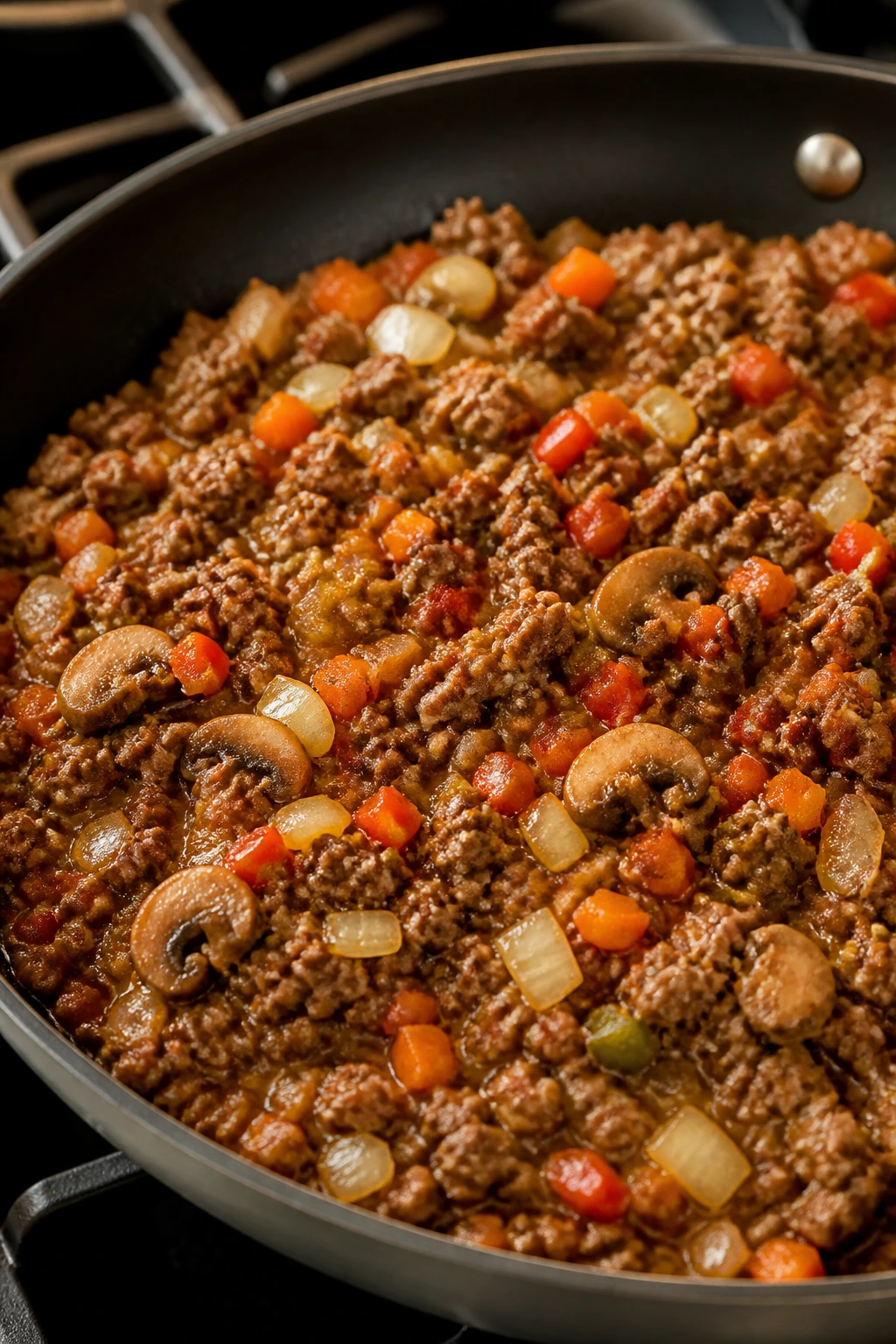 Beef crumbles with vegetables showing stretched pound in pan