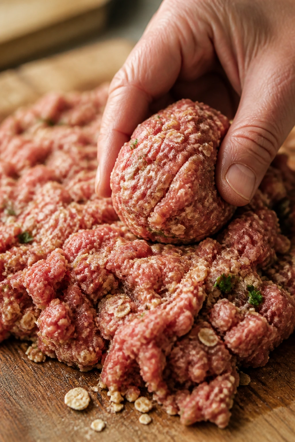 Hand shaping beef mixture with oats and breadcrumbs on wooden board