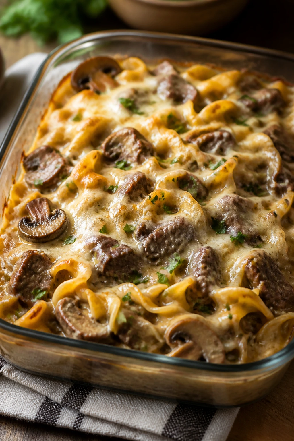 Creamy beef stroganoff bake in a glass dish with noodles and mushrooms