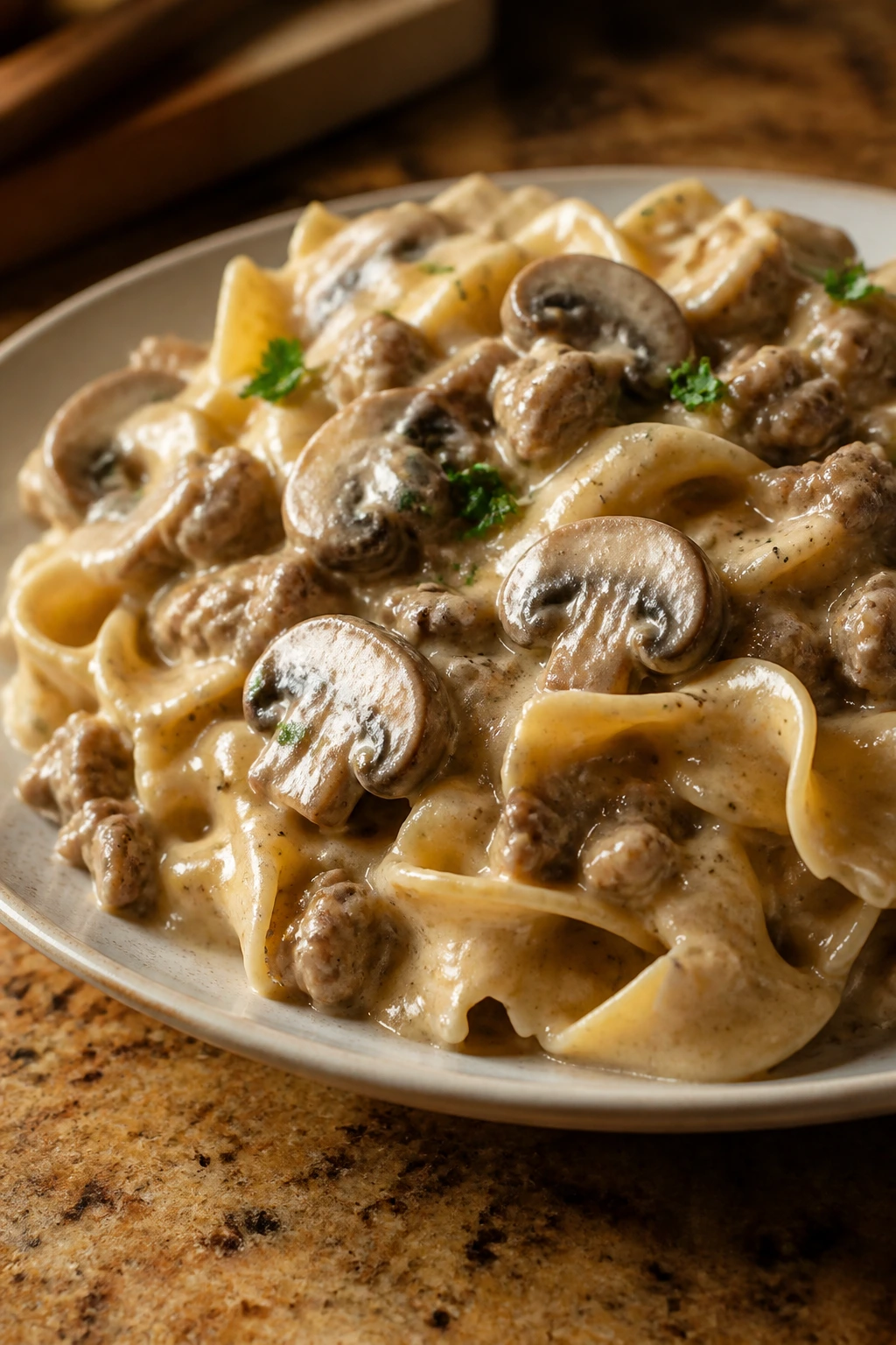 Beef stroganoff with creamy sauce and mushrooms on plate