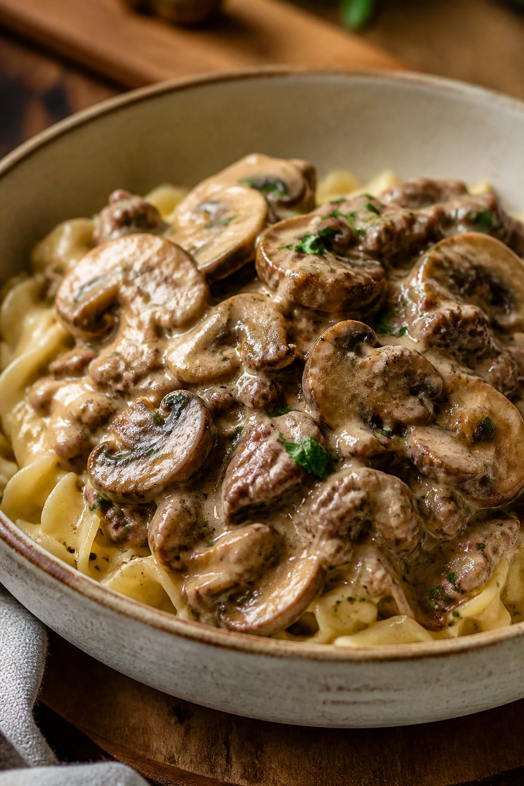 Creamy beef and mushroom stroganoff in a bowl with noodles and Greek yogurt