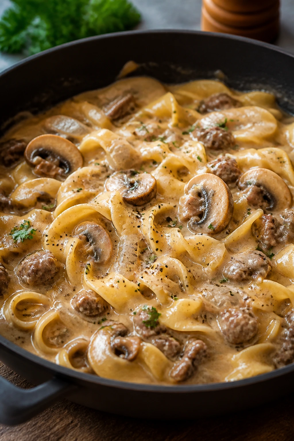 Creamy beef stroganoff with mushrooms and noodles in a skillet